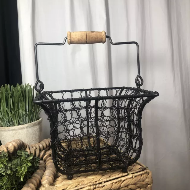 Vtg. Black Wrought Iron Wire Wrap Basket Wood Handle Home Decor Garden 7 1/2”