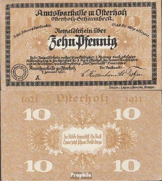 Banknoten Osterholz-Scharmbeck 1921 Notgeld: 10 Pf Notgeldschein der Amtssparkas