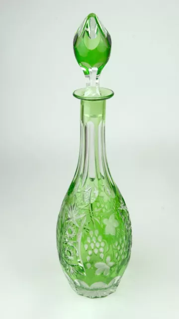 Green Cut to Clear Crystal Decanter Art Glass Bohemian Emerald Wine with Stopper 2