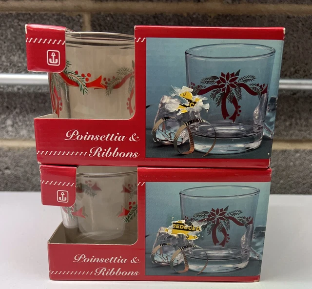 8 Anchor Hocking Poinsettia & Ribbons Christmas Glasses 9 Ounce Rocks Brand New