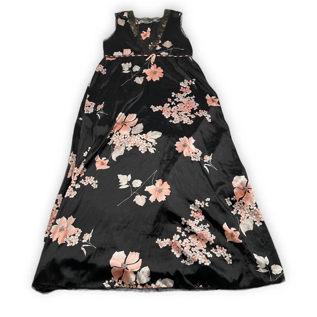 Christian Dior Lingerie Womens Nightgown Vintage Long Black Pink Floral Lace S