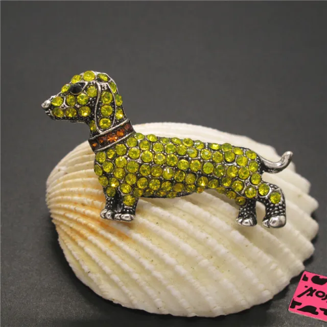 New Fashion Women Yellow Bling Cute Dachshund Dog Crystal Charm Brooch Pin Gift