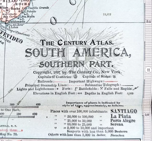 1899 South America Map ORIGINAL Argentina Chili Uruguay STEAMSHIP RAILWAYS