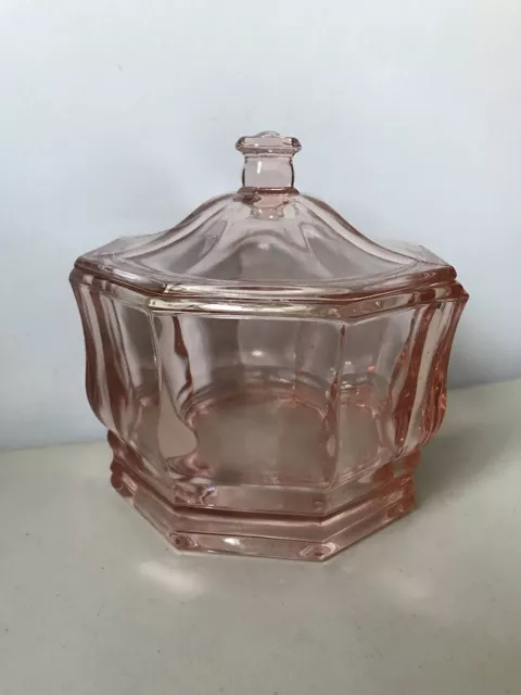 Vintage Pink Indiana Glass Octagon Covered Candy Or Vanity Dish Depression Glass