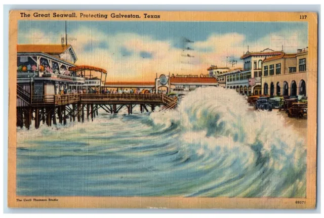 Galveston Texas TX Postcard The Great Seawall Bridge Waves Scene c1940s Vintage