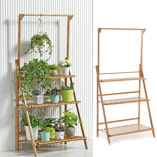 HEAVY DUTY BAMBOO Ladder Plant Stand 3 Tier Foldable Flower Display ...