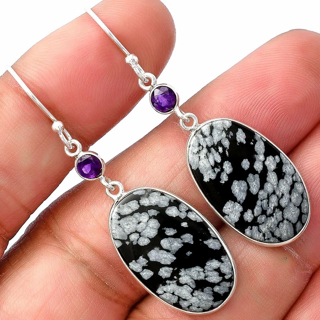 Snow Flake Obsidian & Amethyst 925 Sterling Silver Earrings Jewelry E-1002