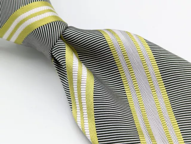 ERMENEGILDO ZEGNA Couture XXX Yellow Gray Herringbone Striped Thick Silk Tie