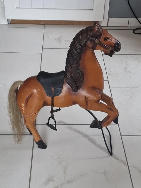 Joli Cheval Ancien En Bois Pour Attelage Sur Roues – Jouet D'avant 1945