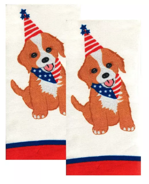 July 4th Kitchen Towel Set 2 Pack Patriotic Dog Dish Towels Dual Cotton Terry