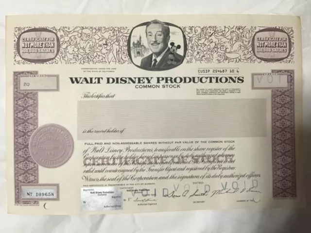 Walt Disney Productions 1967-1980s unused voided stock certificate