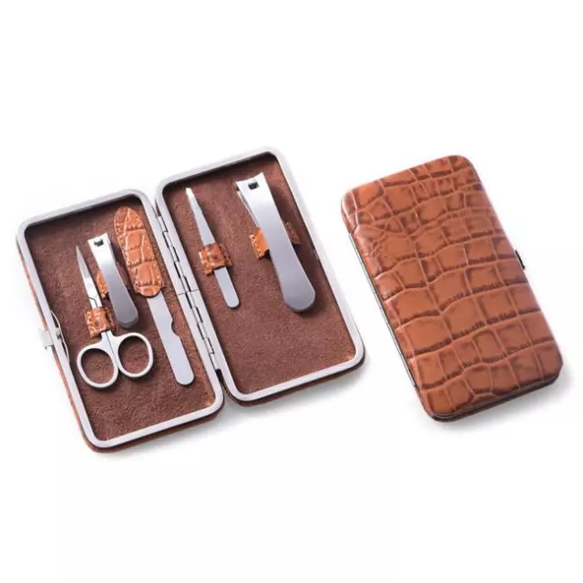 Bey-Berk International BB200 Croco Pattern Leather Manicure Set  Brown - 5 Piece