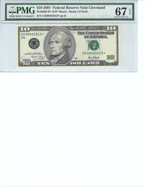 2001 $10 Federal Reserve Note FR2035-D* PMG 67 Superb Gem UNC EPQ, Star Note!!!