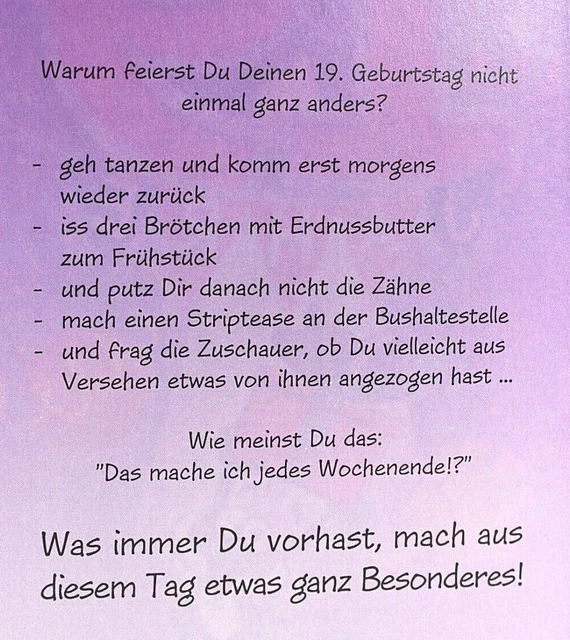 GEBURTSTAGSKARTE 19 JAHRE Glückwunschkarte lustiger Spruch Grußkarte