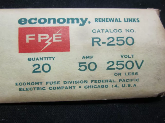 20 Economy R-250 FPE 50A 50 Amp Renewal Fuse Links 250 Volt AC Or Less