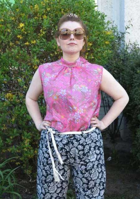Damenbluse top rosa mit Blumen Stehkragen 60er True Vintage 60s blouse shirt