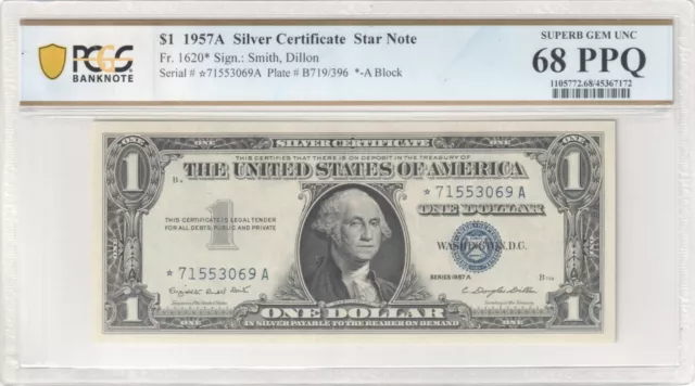 1957A Star $1 Silver Certificate Fr. 1620* PCGS Superb Gem 68 PPQ Top Pop
