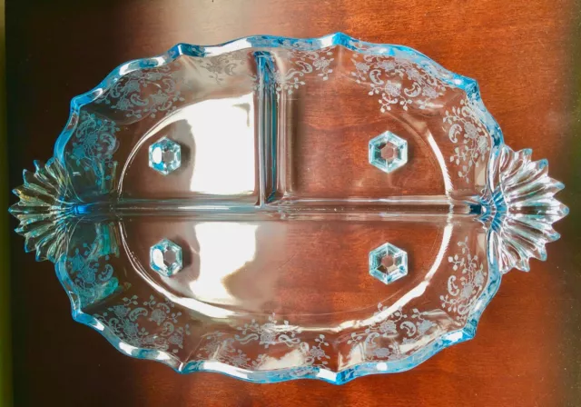 RARE Fostoria Meadow Rose Azure Blue Divided Relish Tray Dish Depression Glass