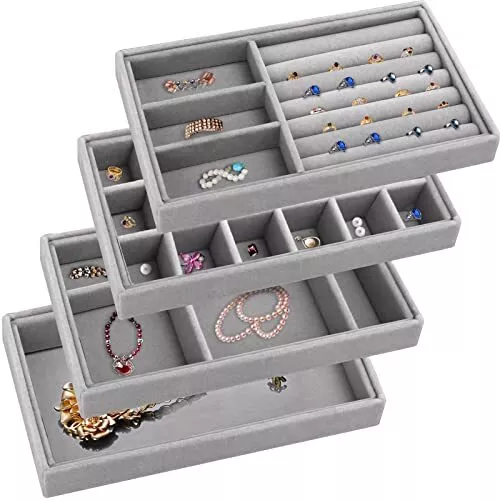 Set of 4 Stackable Jewelry Organizer Trays Drawer InsertsVelvet Earring Display