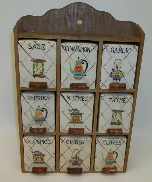 VINTAGE JAPAN MID Century Wood Spice Rack 9 Jars Retro Kitchen