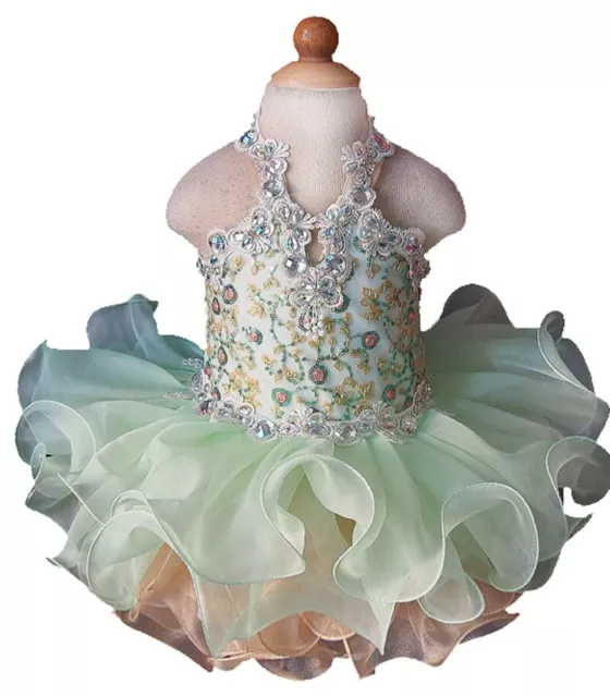 G040-8 green Lace Floral Baby Kids Toddler Girl's Pageant Dress size 0-3Months