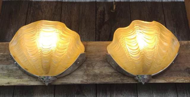 A Pair Of Original Antique Art Deco Odeon Glass/Chrome Clam Shell Wall Lights