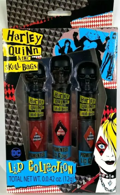 Harley Quinn & The Skull Bags Lip Collection Set Of 3 Pigmented Lip Gloss Tubes