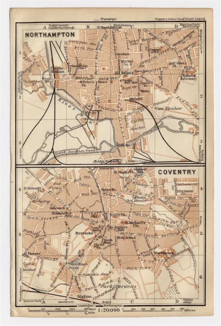 1906 Antique City Map Of Coventry Northampton / East / West Midlands / England