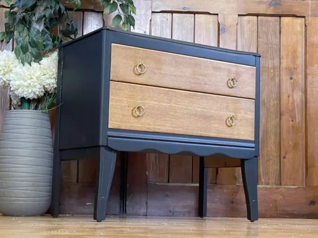 Mid Century Oak Chest of Drawers by Lebus  Painted Black Retro Bedside Table