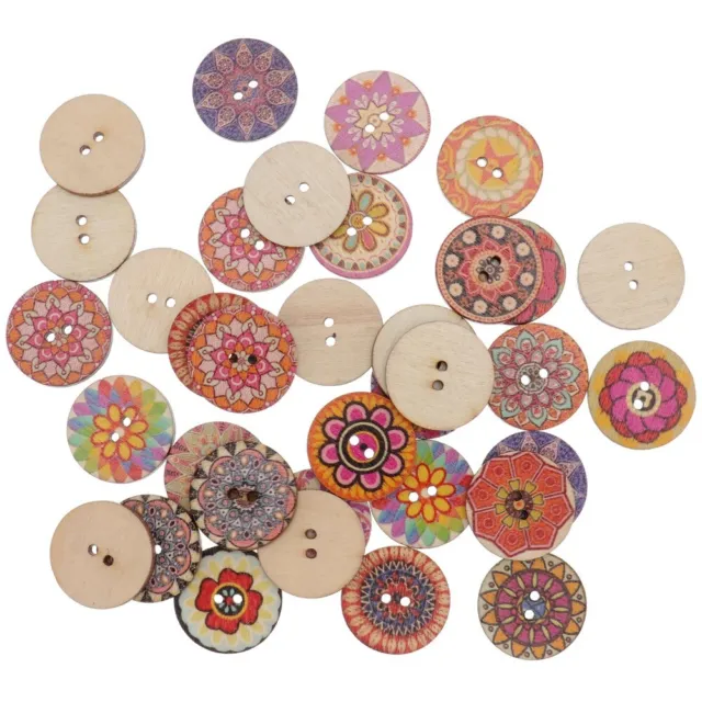 100 Pcs Wooden Buttons 2 Holes Jean Flower Painting Painted