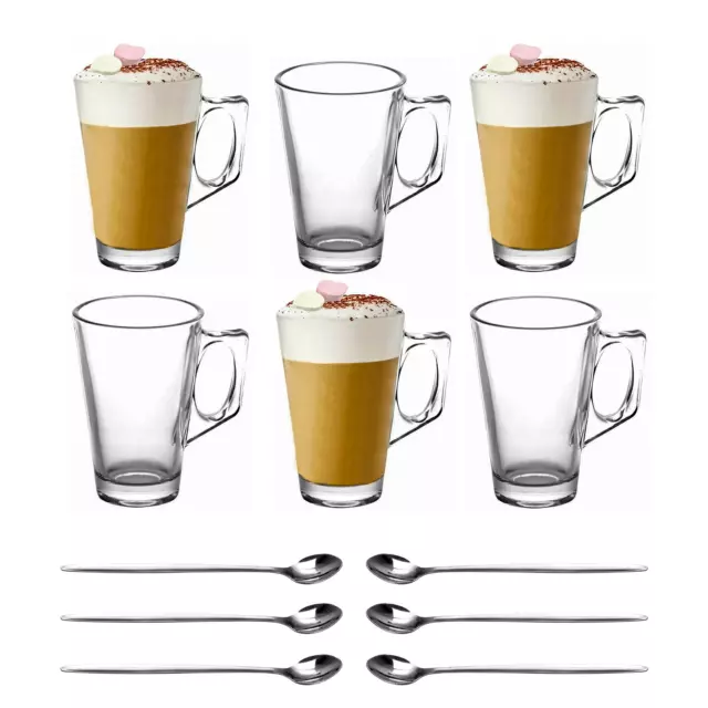 6 X Latte Coffee Glasses Cappuccino Lattes Tea Glass Cups Hot Drink Mugs Spoons