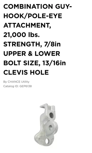 ⚡️Hubbell GEP6138 Power Chance Plate Combination Guy Hook/ Pole Eye 21,000 Lbs⚡️