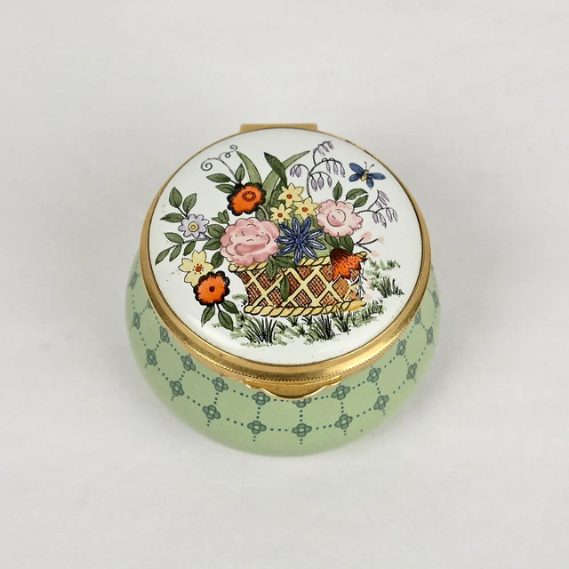Vintage Staffordshire Enamels Bilston Battersea Box with Basket of Flowers
