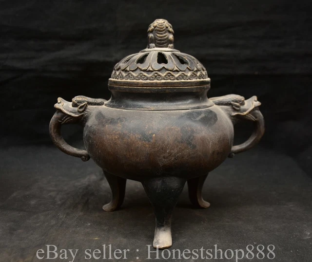 8.4" Chinese Bronze Dynasty Lion Double ear Beast handle censer incense burner