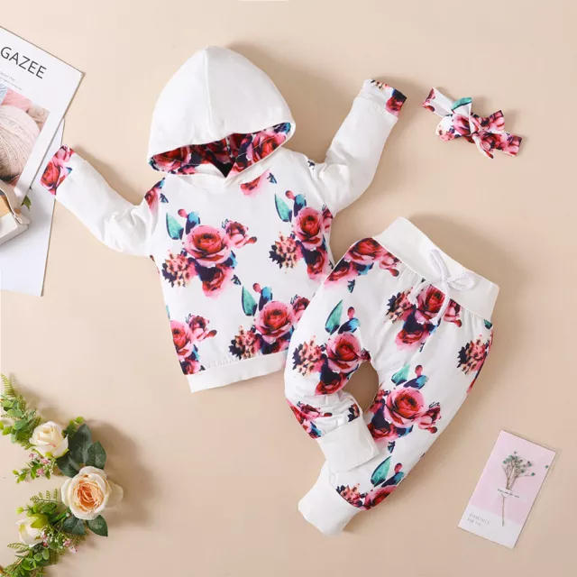 Abbigliamento neonata bambina top floreale con cappuccio pantaloni abiti per bambini set tuta 3