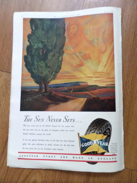 1937 Goodyear Tires Tyres Made in England Ad Sun Never Sets on British Empire