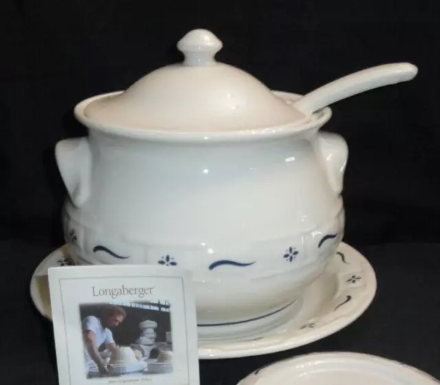 NIB Longaberger Pottery ~ Woven Traditions ~ Blue Soup Tureen ~ 4 pc Set USA