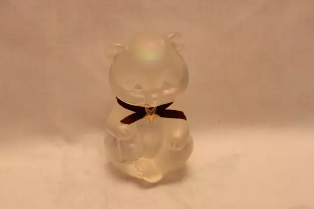 Fenton Sitting Glass Bear Opaque with Maroon Ribbon with Star & Tiny Snowflakes