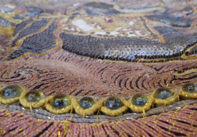 Fine Antique Burmese Kalaga Wall Tapestry Bead Glass Sequins Elephant Embroidery 10