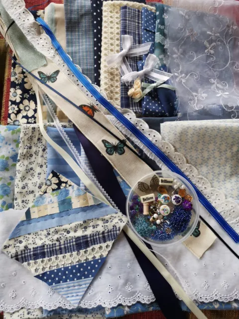 Large Blues Theme Slow Stitch Kit/Journal Sewing Craft Scrap Bag Bundle.