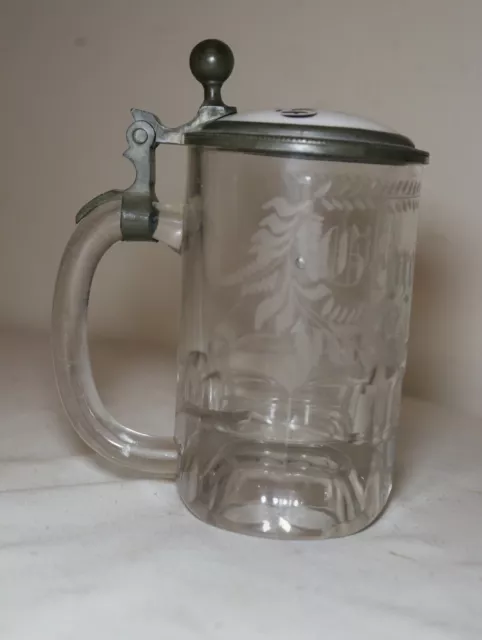 antique 1800's hand painted porcelain glass pewter German lidded beer stein mug'