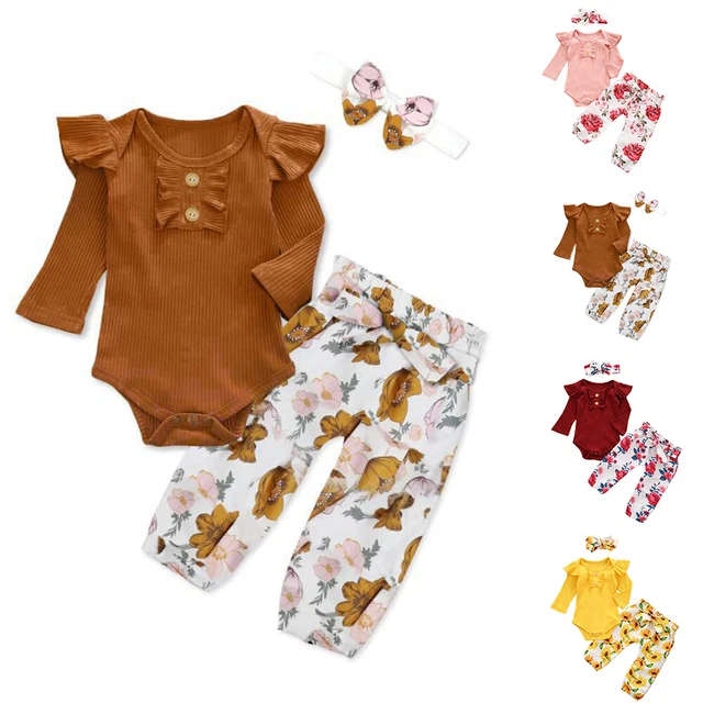 Newborn Baby Girls Ruffle Long Sleeve Romper Tops + Floral Pants Clothes Outfits 2