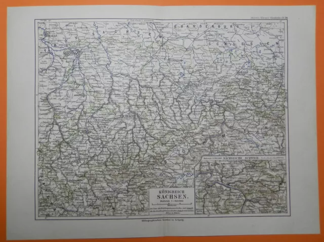 KÖNIGREICH SACHSEN Dresden Leipzig Meissen Chemnitz  historische Karte 1892 Map