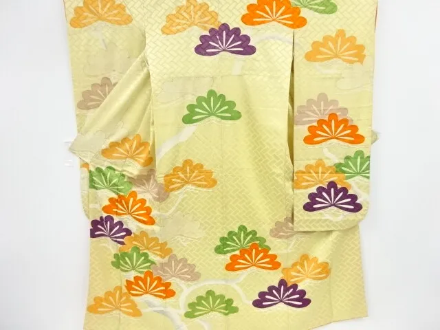 09829# Japanese Kimono / Antique Furisode / Embroidery / Pine