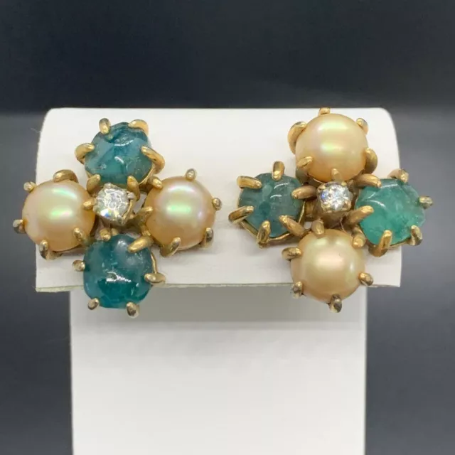 Signed Marvella Vintage Gold Tone Blue Glass Faux Pearl Rhinestone Earrings