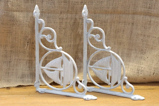 2 Cast Iron White Sail Boat Nautical Brackets Garden Braces Shelf Corbels Nautic 2