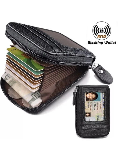 Men Wallet Credit Card Holder Genuine Leather RFID Blocking Zipper Pocket Thin