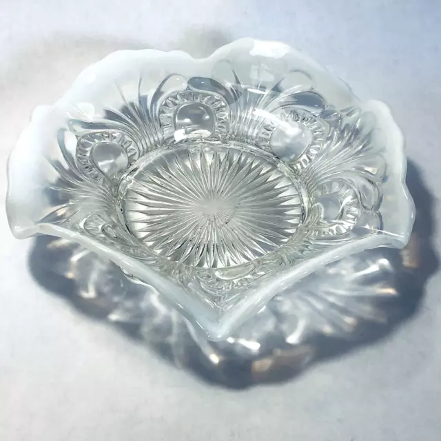 Vintage Candy Dish Bowl Jefferson Glass Opalescent White Ruffled Edge MCM