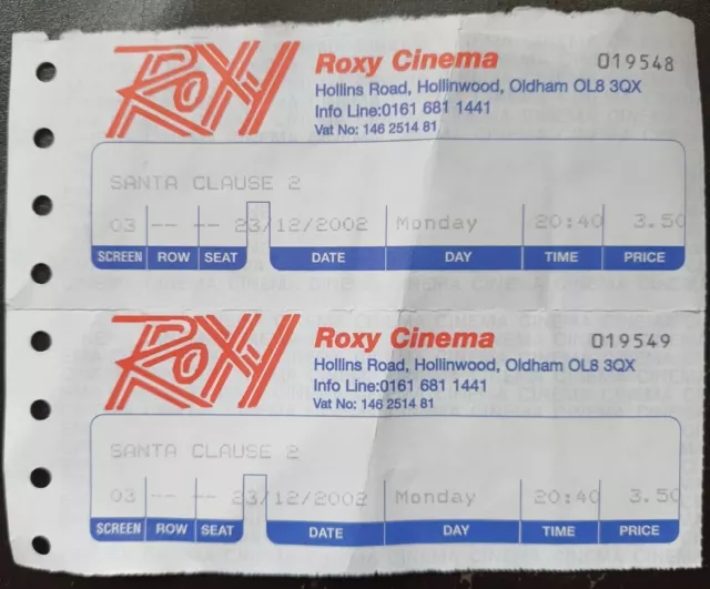 Vintage ROXY Oldham Cinema Tickets Santa Clause 2 23/12/2002 - Collectors Item