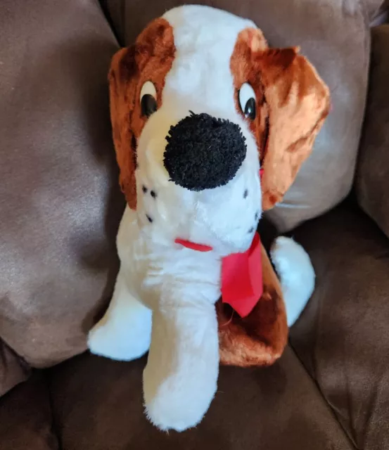 VTG 1950s My Toy Stuffed St Bernard Hound? Plush Puppy Dog 12inx12in Red Ribbon